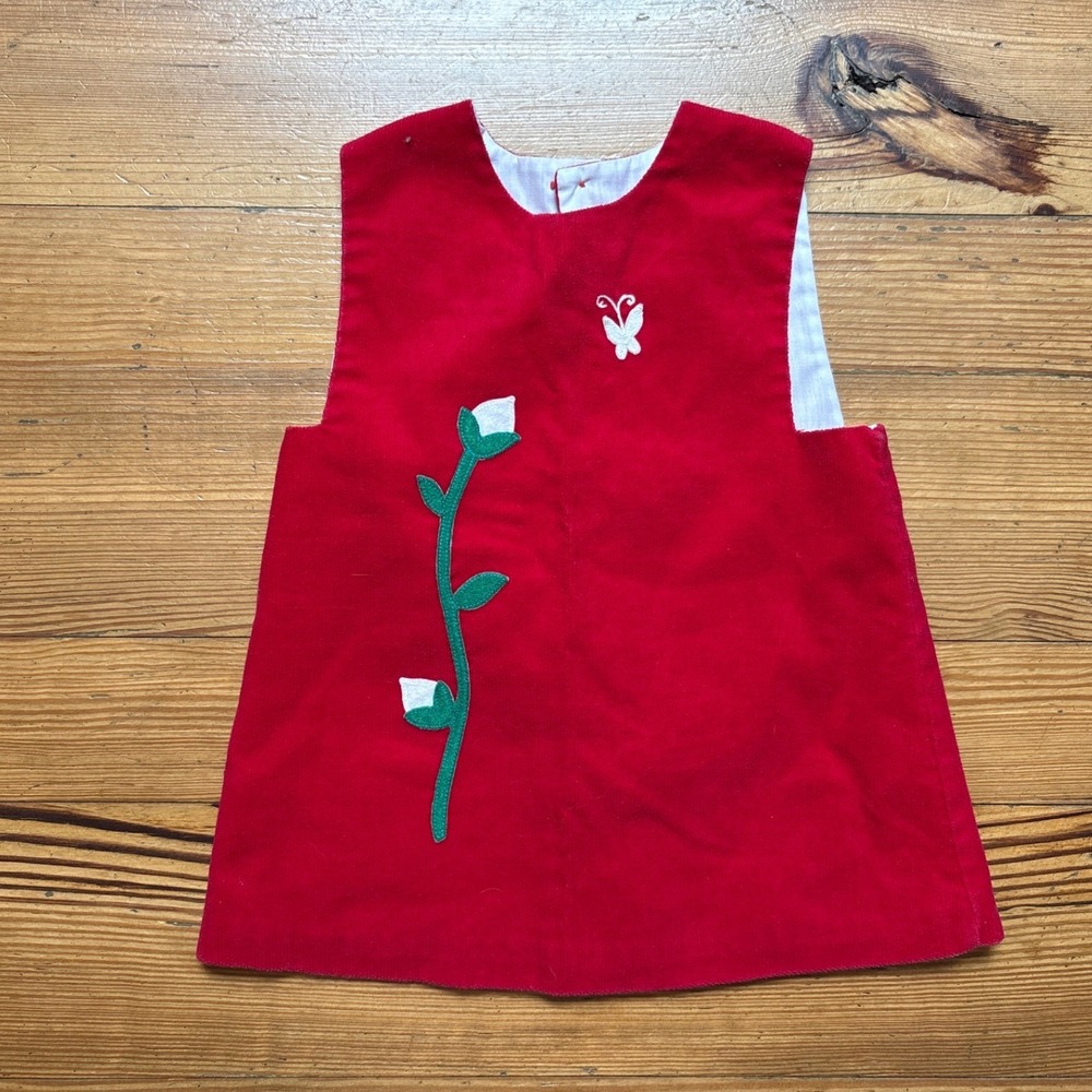 Grace Jumper Dress Toddler Red Vintage Corduroy Butterfly Floral SIZE 3T